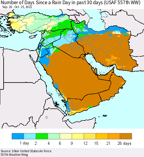 Middle East and Turkey Number of Days Since a Rain Day in past 30 days (USAF 557th WW) Thematic Map For 10/21/2022 - 10/25/2022
