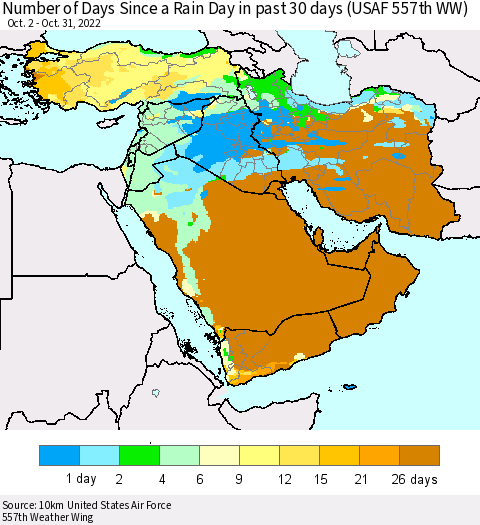 Middle East and Turkey Number of Days Since a Rain Day in past 30 days (USAF 557th WW) Thematic Map For 10/26/2022 - 10/31/2022