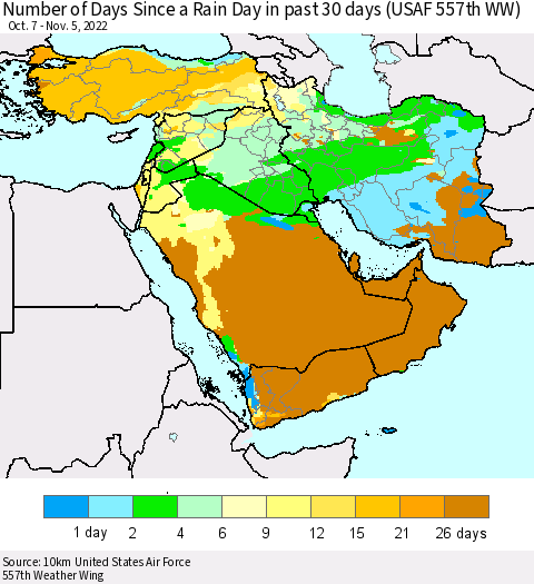 Middle East and Turkey Number of Days Since a Rain Day in past 30 days (USAF 557th WW) Thematic Map For 11/1/2022 - 11/5/2022