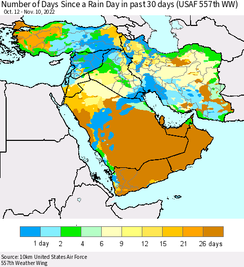 Middle East and Turkey Number of Days Since a Rain Day in past 30 days (USAF 557th WW) Thematic Map For 11/6/2022 - 11/10/2022