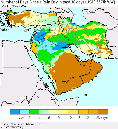 Middle East and Turkey Number of Days Since a Rain Day in past 30 days (USAF 557th WW) Thematic Map For 11/11/2022 - 11/15/2022