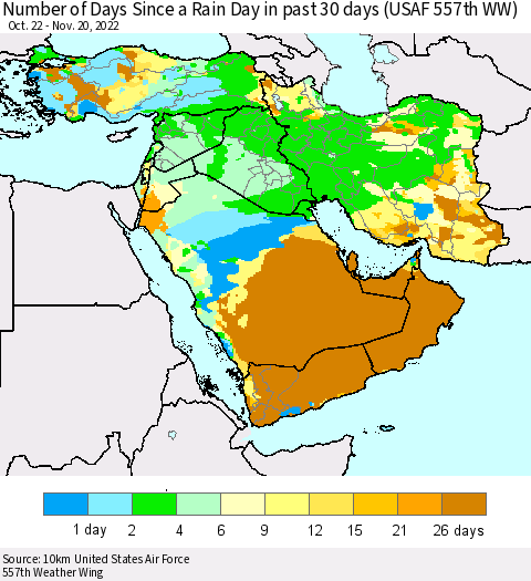 Middle East and Turkey Number of Days Since a Rain Day in past 30 days (USAF 557th WW) Thematic Map For 11/16/2022 - 11/20/2022