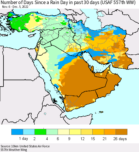Middle East and Turkey Number of Days Since a Rain Day in past 30 days (USAF 557th WW) Thematic Map For 12/1/2022 - 12/5/2022
