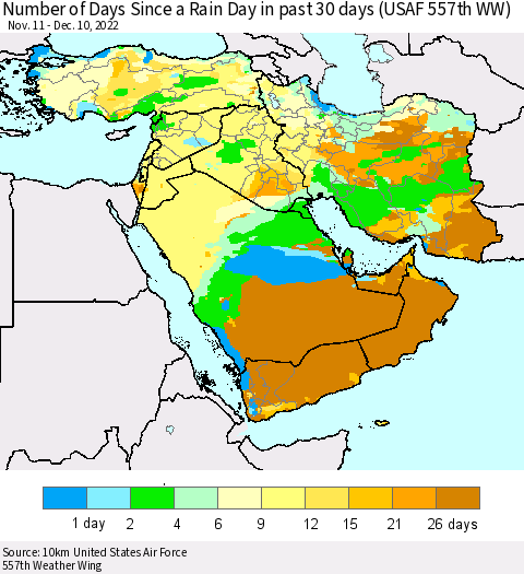 Middle East and Turkey Number of Days Since a Rain Day in past 30 days (USAF 557th WW) Thematic Map For 12/6/2022 - 12/10/2022