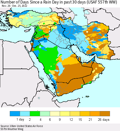 Middle East and Turkey Number of Days Since a Rain Day in past 30 days (USAF 557th WW) Thematic Map For 12/21/2022 - 12/25/2022