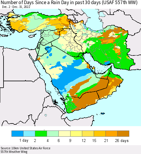 Middle East and Turkey Number of Days Since a Rain Day in past 30 days (USAF 557th WW) Thematic Map For 12/26/2022 - 12/31/2022