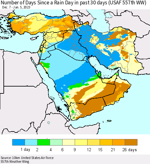 Middle East and Turkey Number of Days Since a Rain Day in past 30 days (USAF 557th WW) Thematic Map For 1/1/2023 - 1/5/2023