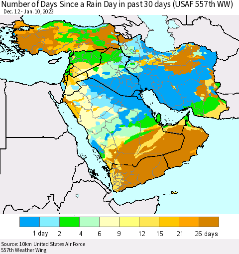Middle East and Turkey Number of Days Since a Rain Day in past 30 days (USAF 557th WW) Thematic Map For 1/6/2023 - 1/10/2023