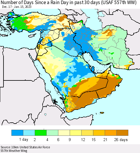 Middle East and Turkey Number of Days Since a Rain Day in past 30 days (USAF 557th WW) Thematic Map For 1/11/2023 - 1/15/2023