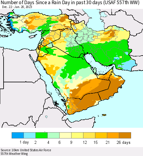 Middle East and Turkey Number of Days Since a Rain Day in past 30 days (USAF 557th WW) Thematic Map For 1/16/2023 - 1/20/2023