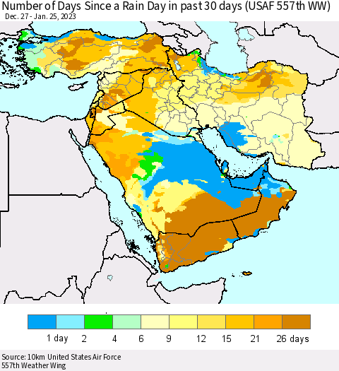 Middle East and Turkey Number of Days Since a Rain Day in past 30 days (USAF 557th WW) Thematic Map For 1/21/2023 - 1/25/2023
