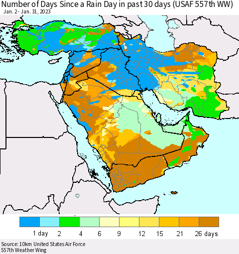Middle East and Turkey Number of Days Since a Rain Day in past 30 days (USAF 557th WW) Thematic Map For 1/26/2023 - 1/31/2023