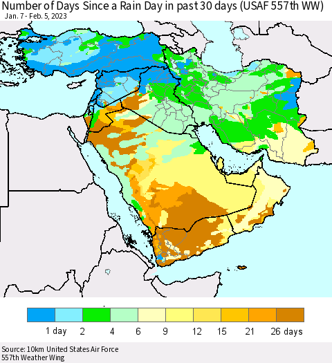 Middle East and Turkey Number of Days Since a Rain Day in past 30 days (USAF 557th WW) Thematic Map For 2/1/2023 - 2/5/2023