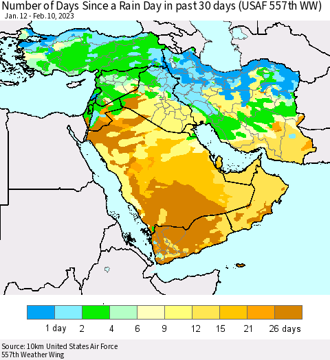 Middle East and Turkey Number of Days Since a Rain Day in past 30 days (USAF 557th WW) Thematic Map For 2/6/2023 - 2/10/2023