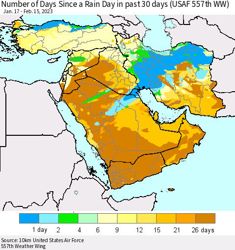 Middle East and Turkey Number of Days Since a Rain Day in past 30 days (USAF 557th WW) Thematic Map For 2/11/2023 - 2/15/2023