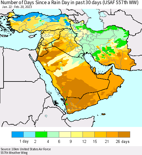 Middle East and Turkey Number of Days Since a Rain Day in past 30 days (USAF 557th WW) Thematic Map For 2/16/2023 - 2/20/2023