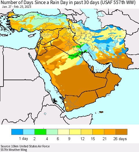 Middle East and Turkey Number of Days Since a Rain Day in past 30 days (USAF 557th WW) Thematic Map For 2/21/2023 - 2/25/2023