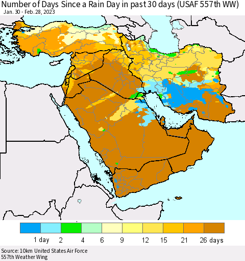 Middle East and Turkey Number of Days Since a Rain Day in past 30 days (USAF 557th WW) Thematic Map For 2/26/2023 - 2/28/2023