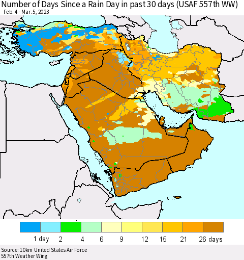 Middle East and Turkey Number of Days Since a Rain Day in past 30 days (USAF 557th WW) Thematic Map For 3/1/2023 - 3/5/2023