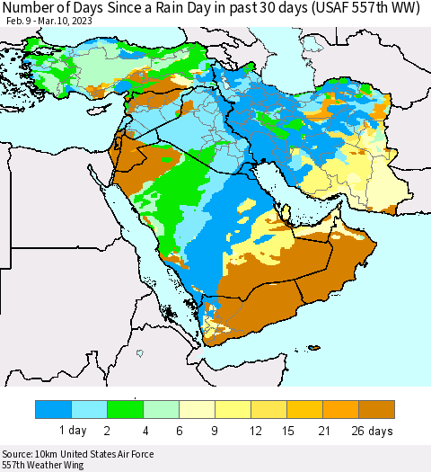 Middle East and Turkey Number of Days Since a Rain Day in past 30 days (USAF 557th WW) Thematic Map For 3/6/2023 - 3/10/2023