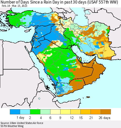 Middle East and Turkey Number of Days Since a Rain Day in past 30 days (USAF 557th WW) Thematic Map For 3/11/2023 - 3/15/2023