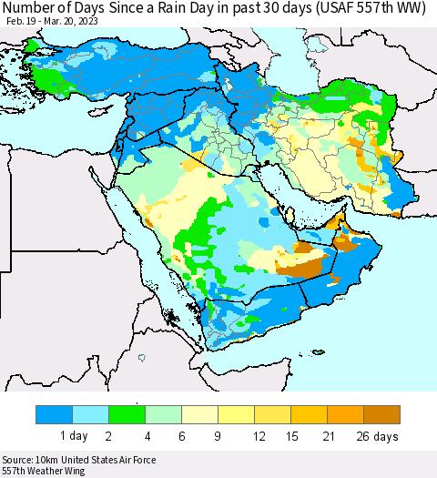 Middle East and Turkey Number of Days Since a Rain Day in past 30 days (USAF 557th WW) Thematic Map For 3/16/2023 - 3/20/2023