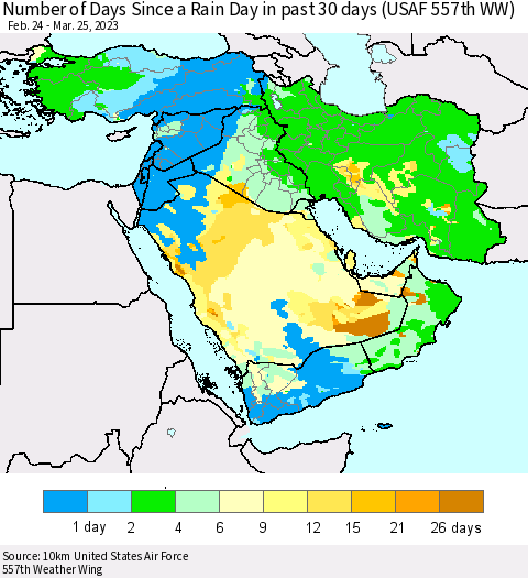 Middle East and Turkey Number of Days Since a Rain Day in past 30 days (USAF 557th WW) Thematic Map For 3/21/2023 - 3/25/2023