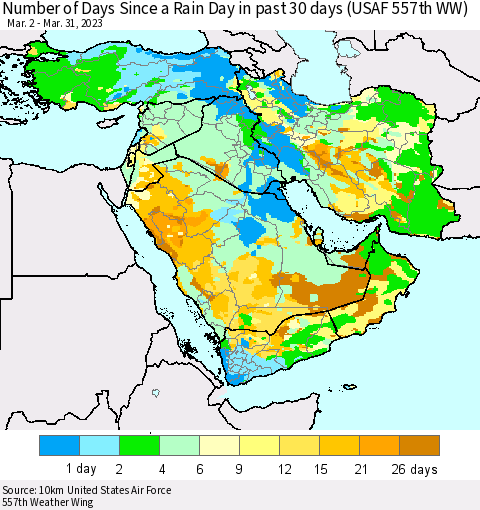 Middle East and Turkey Number of Days Since a Rain Day in past 30 days (USAF 557th WW) Thematic Map For 3/26/2023 - 3/31/2023