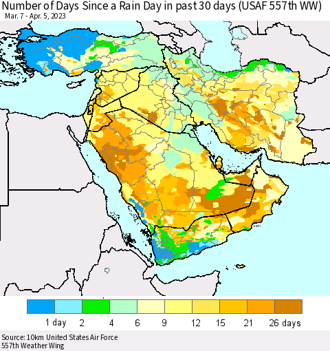 Middle East and Turkey Number of Days Since a Rain Day in past 30 days (USAF 557th WW) Thematic Map For 4/1/2023 - 4/5/2023