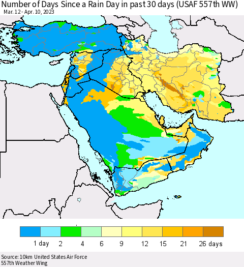 Middle East and Turkey Number of Days Since a Rain Day in past 30 days (USAF 557th WW) Thematic Map For 4/6/2023 - 4/10/2023