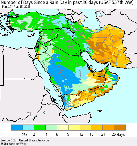 Middle East and Turkey Number of Days Since a Rain Day in past 30 days (USAF 557th WW) Thematic Map For 4/11/2023 - 4/15/2023