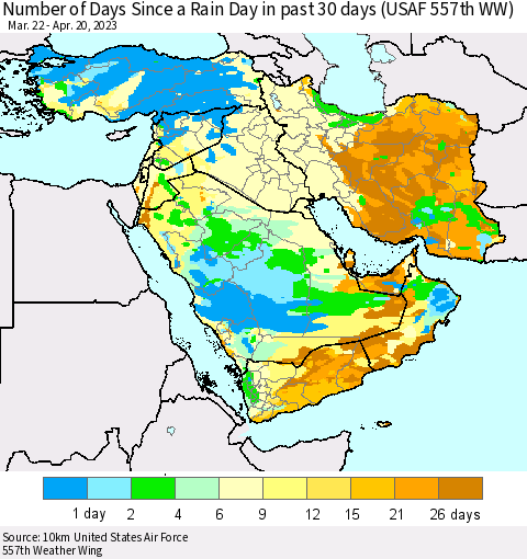 Middle East and Turkey Number of Days Since a Rain Day in past 30 days (USAF 557th WW) Thematic Map For 4/16/2023 - 4/20/2023
