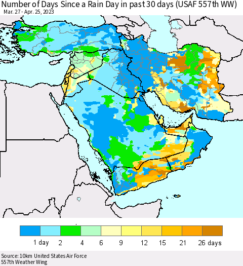 Middle East and Turkey Number of Days Since a Rain Day in past 30 days (USAF 557th WW) Thematic Map For 4/21/2023 - 4/25/2023