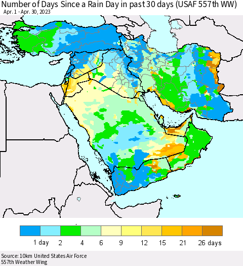 Middle East and Turkey Number of Days Since a Rain Day in past 30 days (USAF 557th WW) Thematic Map For 4/26/2023 - 4/30/2023