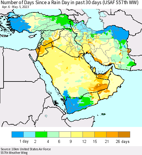 Middle East and Turkey Number of Days Since a Rain Day in past 30 days (USAF 557th WW) Thematic Map For 5/1/2023 - 5/5/2023