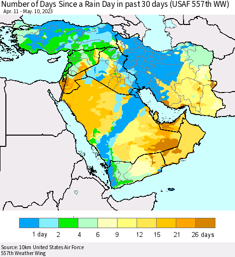 Middle East and Turkey Number of Days Since a Rain Day in past 30 days (USAF 557th WW) Thematic Map For 5/6/2023 - 5/10/2023