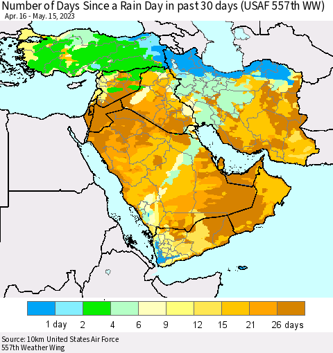 Middle East and Turkey Number of Days Since a Rain Day in past 30 days (USAF 557th WW) Thematic Map For 5/11/2023 - 5/15/2023