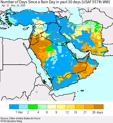 Middle East and Turkey Number of Days Since a Rain Day in past 30 days (USAF 557th WW) Thematic Map For 5/16/2023 - 5/20/2023