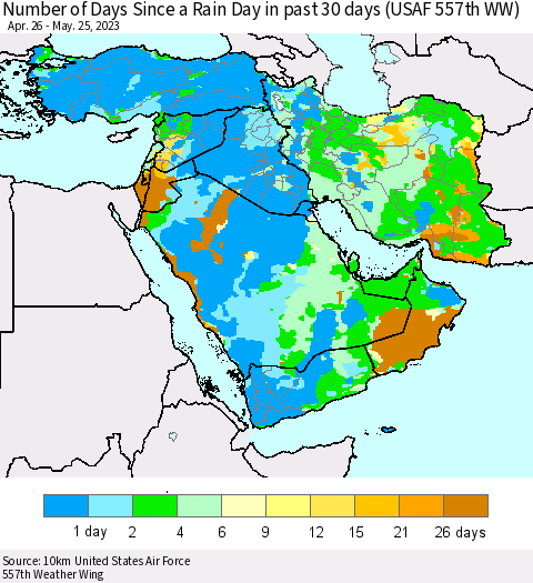 Middle East and Turkey Number of Days Since a Rain Day in past 30 days (USAF 557th WW) Thematic Map For 5/21/2023 - 5/25/2023
