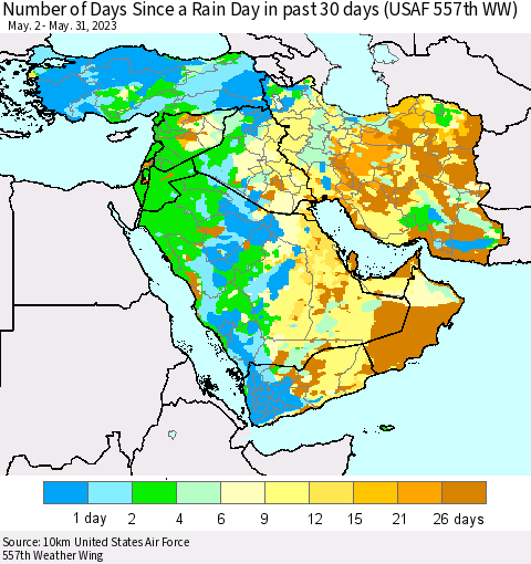 Middle East and Turkey Number of Days Since a Rain Day in past 30 days (USAF 557th WW) Thematic Map For 5/26/2023 - 5/31/2023