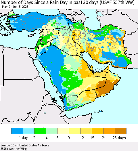 Middle East and Turkey Number of Days Since a Rain Day in past 30 days (USAF 557th WW) Thematic Map For 6/1/2023 - 6/5/2023