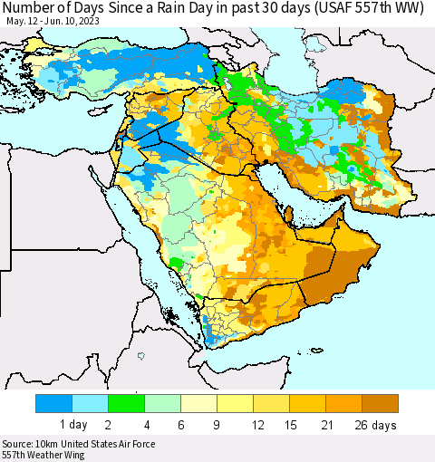 Middle East and Turkey Number of Days Since a Rain Day in past 30 days (USAF 557th WW) Thematic Map For 6/6/2023 - 6/10/2023