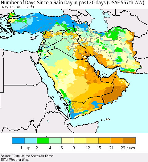 Middle East and Turkey Number of Days Since a Rain Day in past 30 days (USAF 557th WW) Thematic Map For 6/11/2023 - 6/15/2023