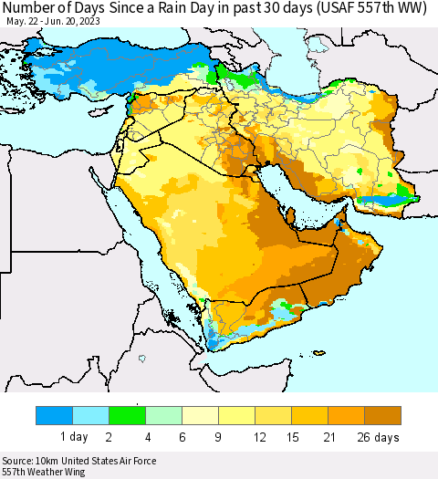 Middle East and Turkey Number of Days Since a Rain Day in past 30 days (USAF 557th WW) Thematic Map For 6/16/2023 - 6/20/2023