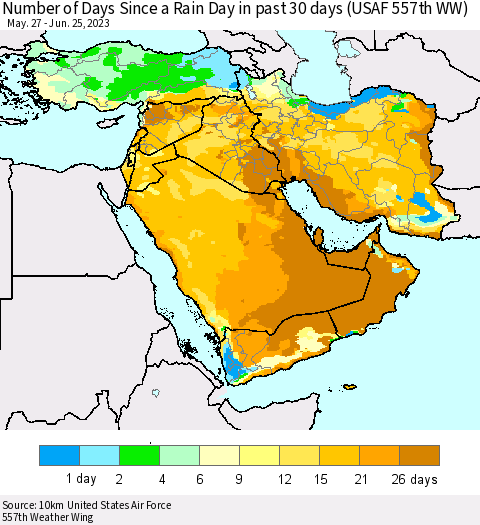 Middle East and Turkey Number of Days Since a Rain Day in past 30 days (USAF 557th WW) Thematic Map For 6/21/2023 - 6/25/2023