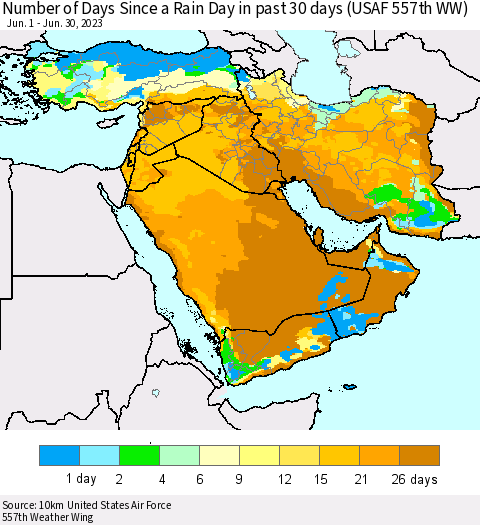 Middle East and Turkey Number of Days Since a Rain Day in past 30 days (USAF 557th WW) Thematic Map For 6/26/2023 - 6/30/2023