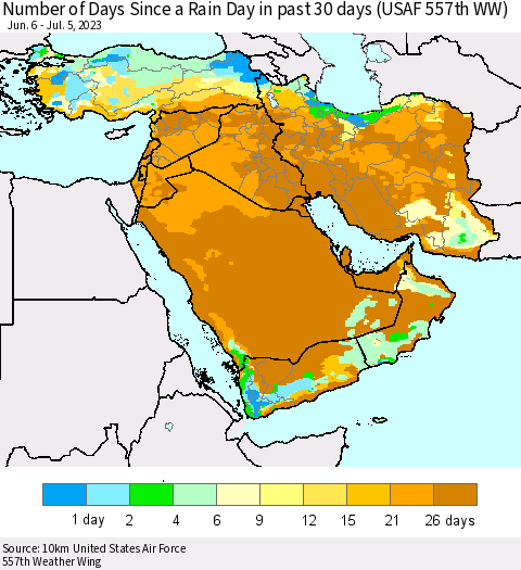 Middle East and Turkey Number of Days Since a Rain Day in past 30 days (USAF 557th WW) Thematic Map For 7/1/2023 - 7/5/2023