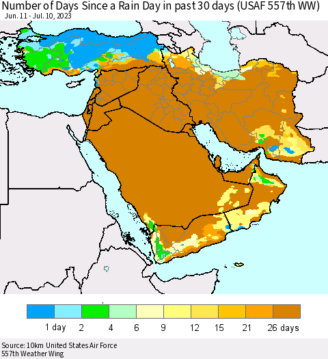 Middle East and Turkey Number of Days Since a Rain Day in past 30 days (USAF 557th WW) Thematic Map For 7/6/2023 - 7/10/2023