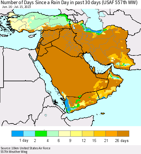 Middle East and Turkey Number of Days Since a Rain Day in past 30 days (USAF 557th WW) Thematic Map For 7/11/2023 - 7/15/2023