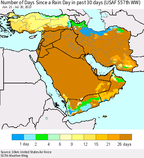 Middle East and Turkey Number of Days Since a Rain Day in past 30 days (USAF 557th WW) Thematic Map For 7/16/2023 - 7/20/2023